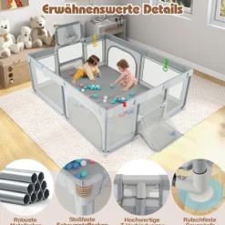 188 x 157 cm Baby Laufstall mit Basketballkorb Fußballtor faltbarem Kleinkind-Laufgitter mit Reißverschlusstür Hellgrau