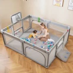 188 x 157 cm Baby Laufstall mit Basketballkorb Fußballtor faltbarem Kleinkind-Laufgitter mit Reißverschlusstür Hellgrau