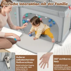 188 x 157 cm Baby Laufstall mit Basketballkorb Fußballtor faltbarem Kleinkind-Laufgitter mit Reißverschlusstür Hellgrau