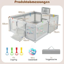 188 x 157 cm Baby Laufstall mit Basketballkorb Fußballtor faltbarem Kleinkind-Laufgitter mit Reißverschlusstür Hellgrau
