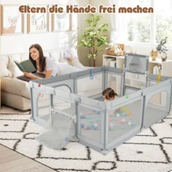 188 x 157 cm Baby Laufstall mit Basketballkorb Fußballtor faltbarem Kleinkind-Laufgitter mit Reißverschlusstür Hellgrau