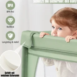 205 x 147cm Baby Laufstall mit 50 Bällen & 2 Türen & Atmungsaktivem Netz & Reißverschluss Laufgitter Grün