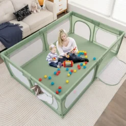 205 x 147cm Baby Laufstall mit 50 Bällen & 2 Türen & Atmungsaktivem Netz & Reißverschluss Laufgitter Grün
