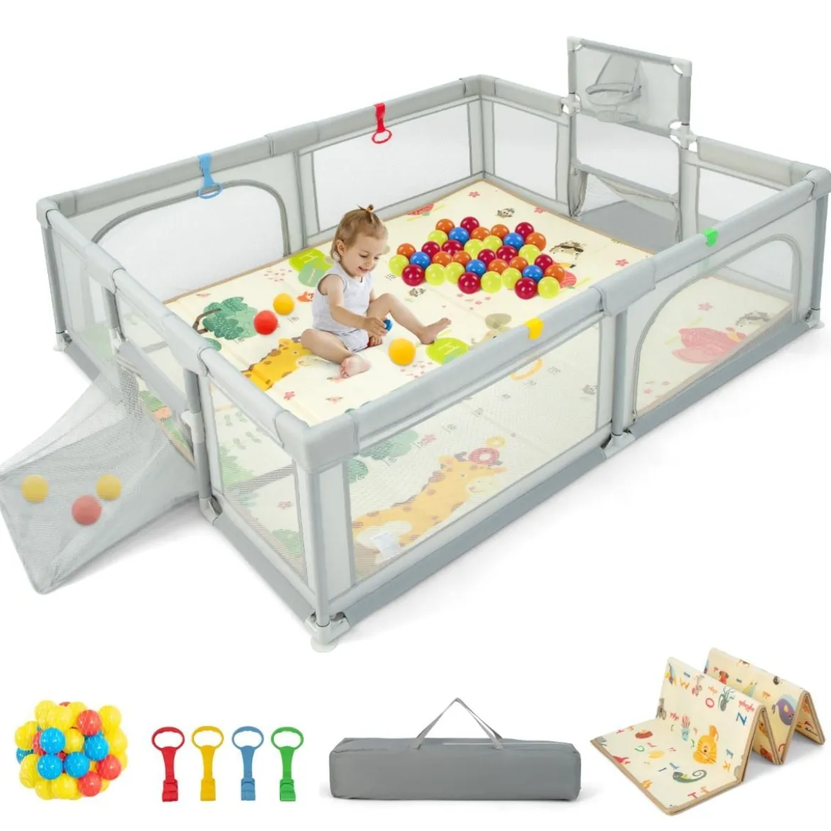 207 x 145 cm Baby Laufstall mit Matratze & Basketballkorb & Fußballnetzen Hellgrau