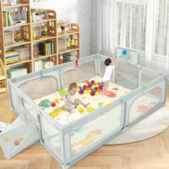 207 x 145 cm Baby Laufstall mit Matratze & Basketballkorb & Fußballnetzen Hellgrau