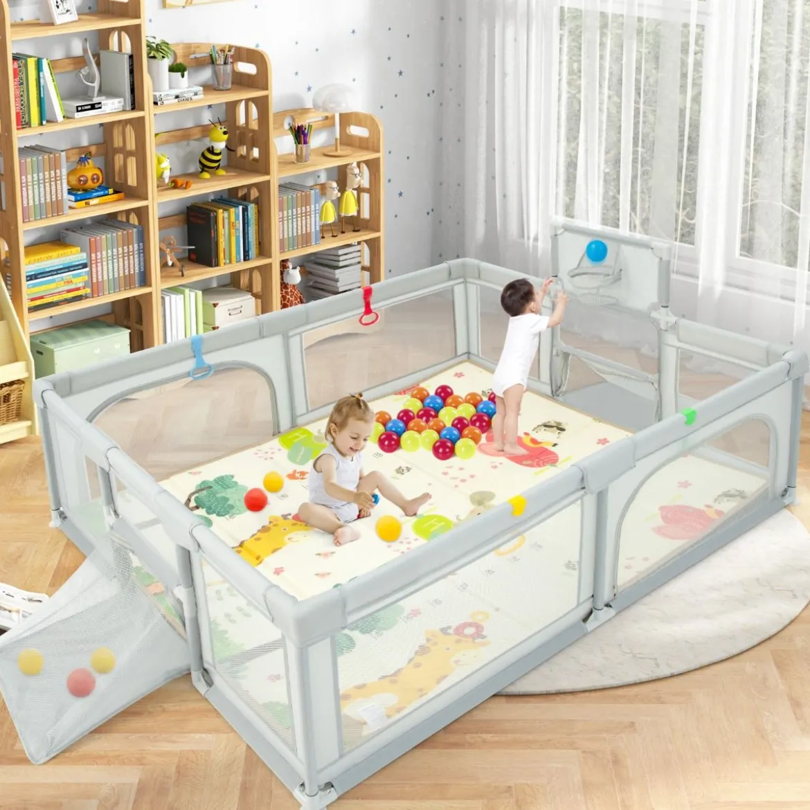 207 x 145 cm Baby Laufstall mit Matratze & Basketballkorb & Fußballnetzen Hellgrau