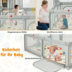 207 x 145 cm Baby Laufstall mit Matratze & Basketballkorb & Fußballnetzen Hellgrau