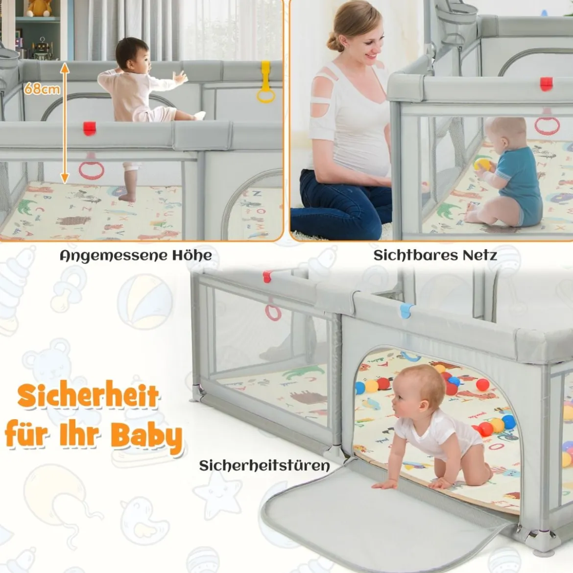 207 x 145 cm Baby Laufstall mit Matratze & Basketballkorb & Fußballnetzen Hellgrau