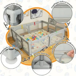 207 x 145 cm Baby Laufstall mit Matratze & Basketballkorb & Fußballnetzen Hellgrau