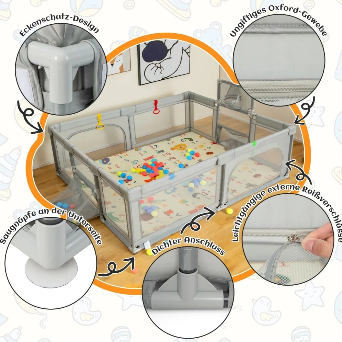 207 x 145 cm Baby Laufstall mit Matratze & Basketballkorb & Fußballnetzen Hellgrau