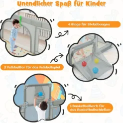 207 x 145 cm Baby Laufstall mit Matratze & Basketballkorb & Fußballnetzen Hellgrau