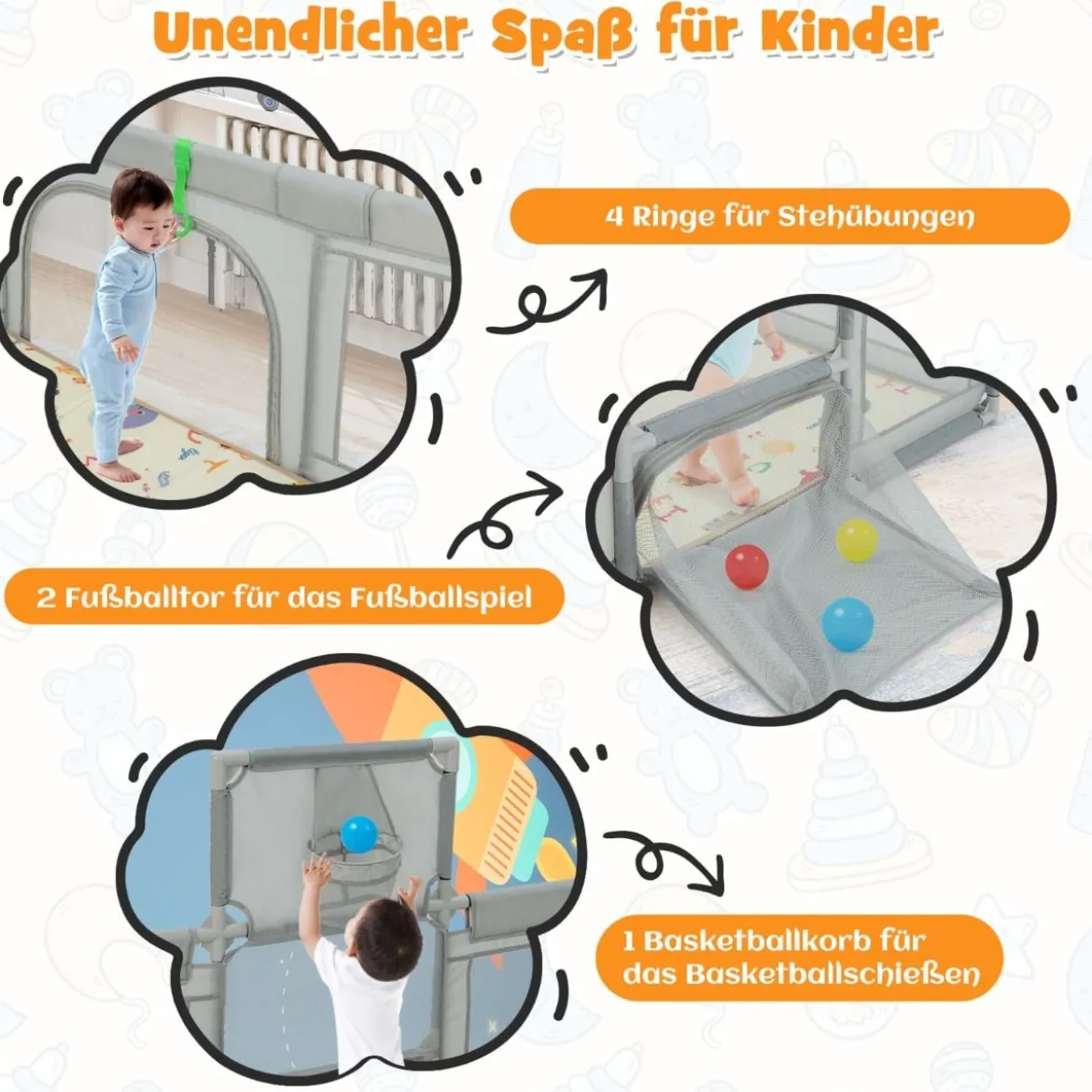 207 x 145 cm Baby Laufstall mit Matratze & Basketballkorb & Fußballnetzen Hellgrau