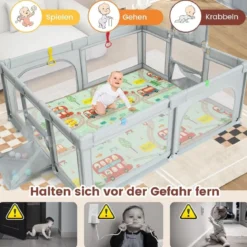 188 x 157cm Baby Laufstall mit Matratze & Basketballkorb & Fußballnetzen Laufgitter Hellgrau