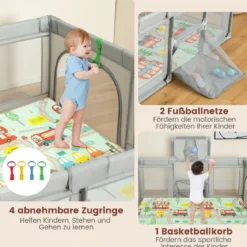 188 x 157cm Baby Laufstall mit Matratze & Basketballkorb & Fußballnetzen Laufgitter Hellgrau