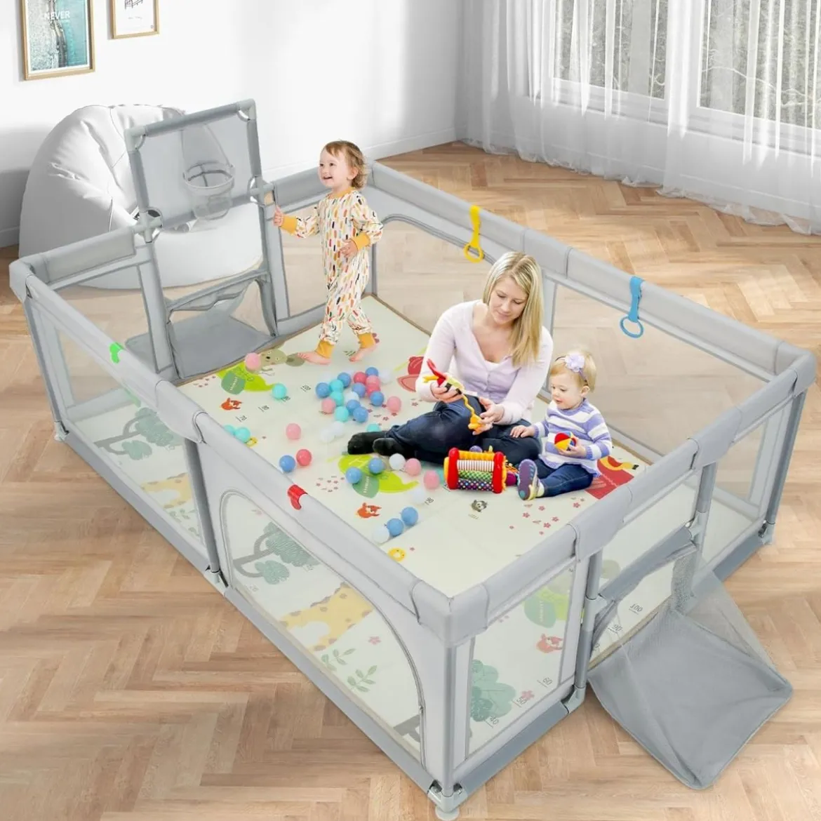 188 x 157cm Baby Laufstall mit Matratze & Basketballkorb & Fußballnetzen Laufgitter Hellgrau
