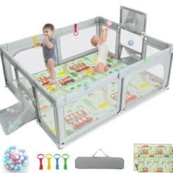 188 x 157cm Baby Laufstall mit Matratze & Basketballkorb & Fußballnetzen Laufgitter Hellgrau