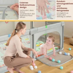188 x 157cm Baby Laufstall mit Matratze & Basketballkorb & Fußballnetzen Laufgitter Hellgrau