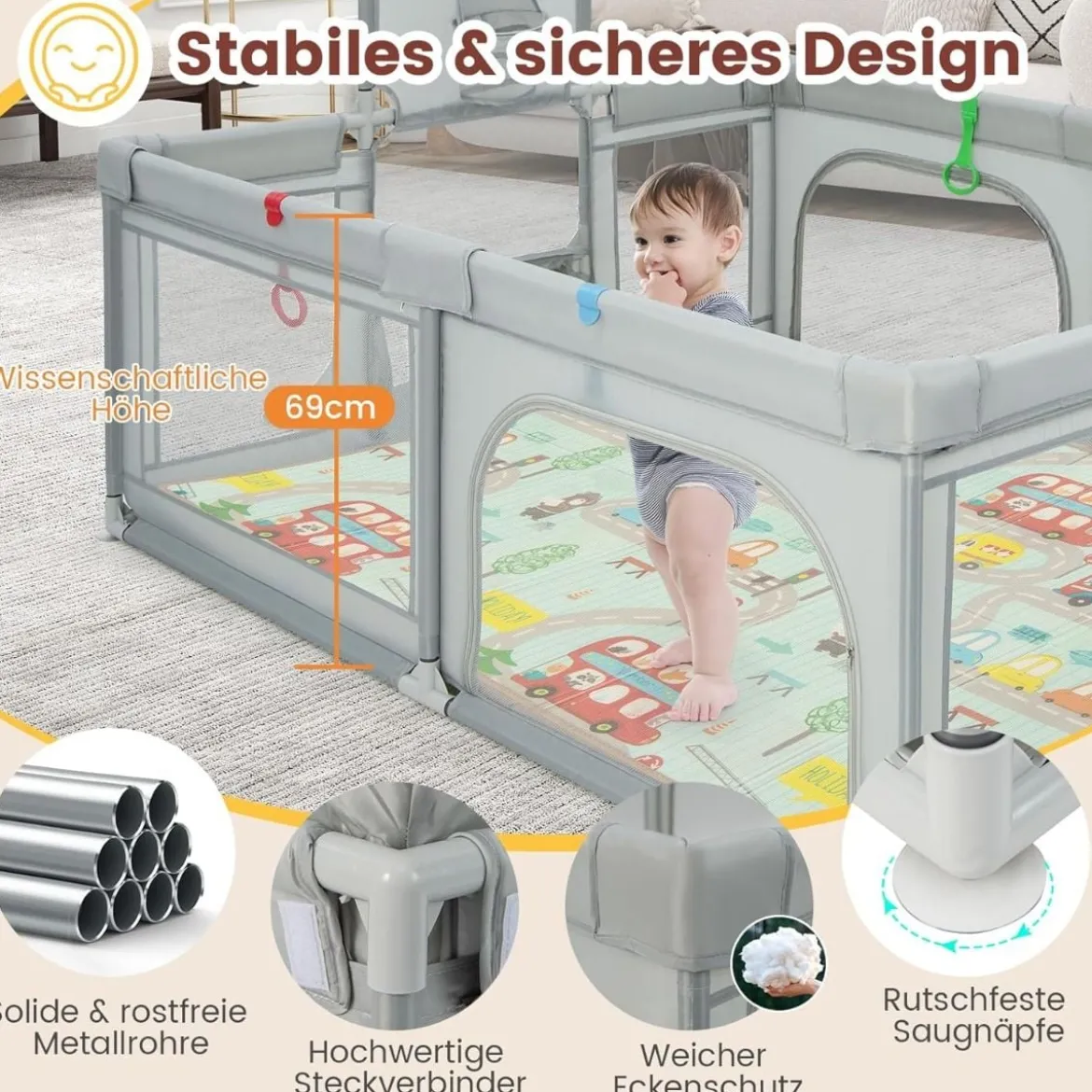 188 x 157cm Baby Laufstall mit Matratze & Basketballkorb & Fußballnetzen Laufgitter Hellgrau