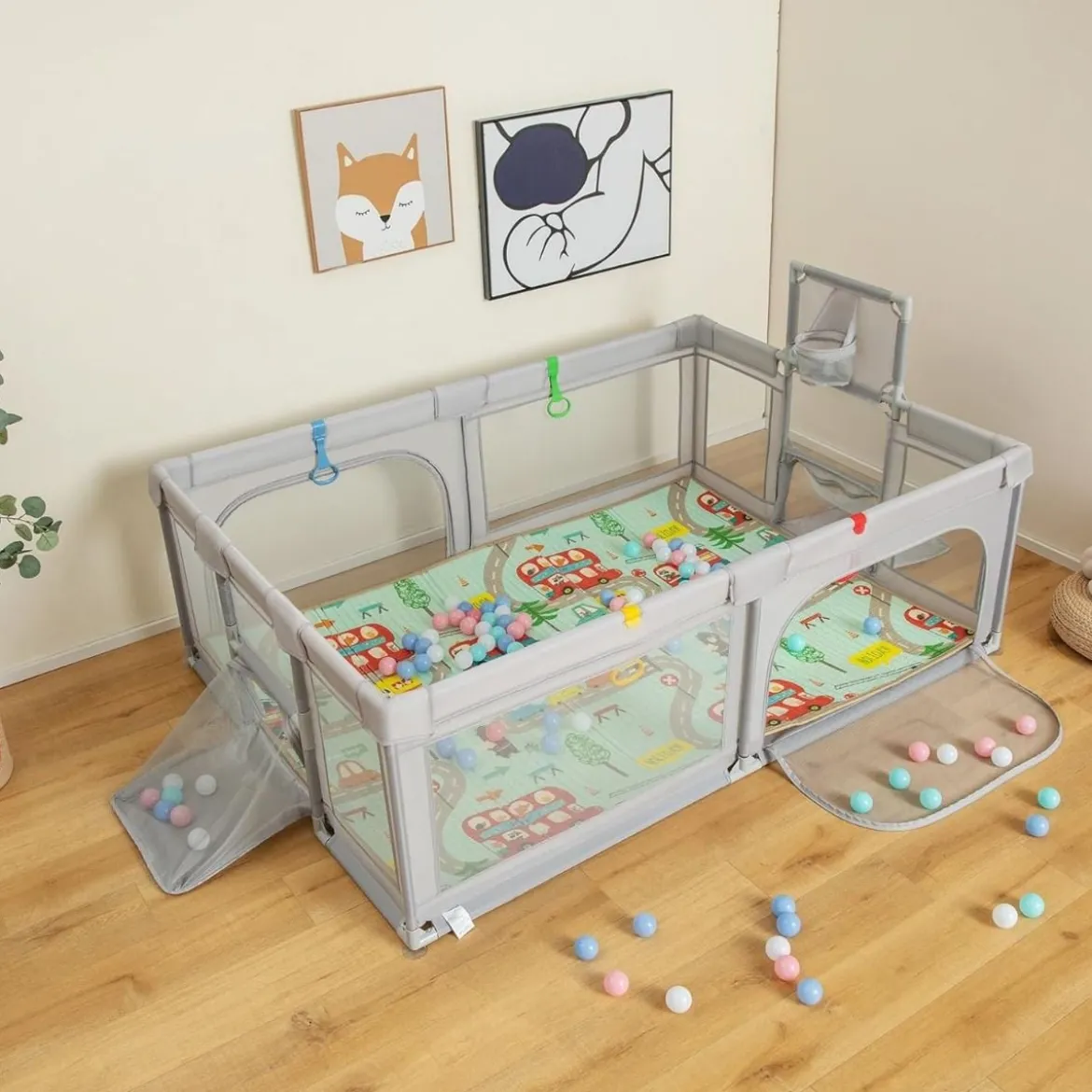 188 x 157cm Baby Laufstall mit Matratze & Basketballkorb & Fußballnetzen Laufgitter Hellgrau