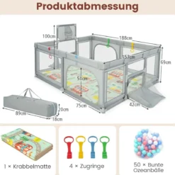 188 x 157cm Baby Laufstall mit Matratze & Basketballkorb & Fußballnetzen Laufgitter Hellgrau