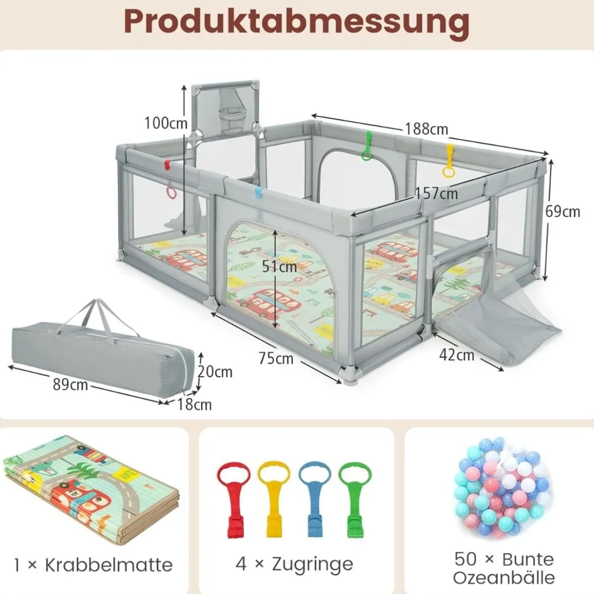 188 x 157cm Baby Laufstall mit Matratze & Basketballkorb & Fußballnetzen Laufgitter Hellgrau