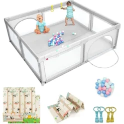 206 x 186cm Baby Laufstall mit Matratze Laufgitter mit 50 Spielbällen Helllgrau Laufstall +Panda Matratze