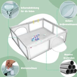 206 x 186cm Baby Laufstall mit Matratze Laufgitter mit 50 Spielbällen Helllgrau Laufstall +Panda Matratze