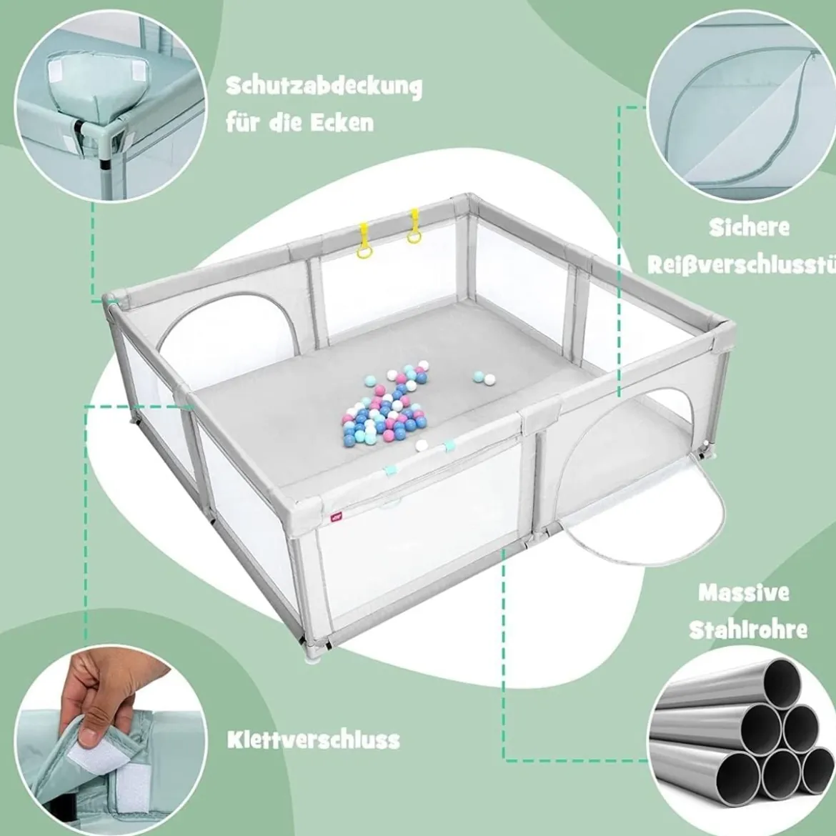 206 x 186cm Baby Laufstall mit Matratze Laufgitter mit 50 Spielbällen Helllgrau Laufstall +Panda Matratze
