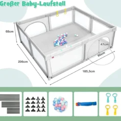 206 x 186cm Baby Laufstall mit Matratze Laufgitter mit 50 Spielbällen Helllgrau Laufstall +Panda Matratze