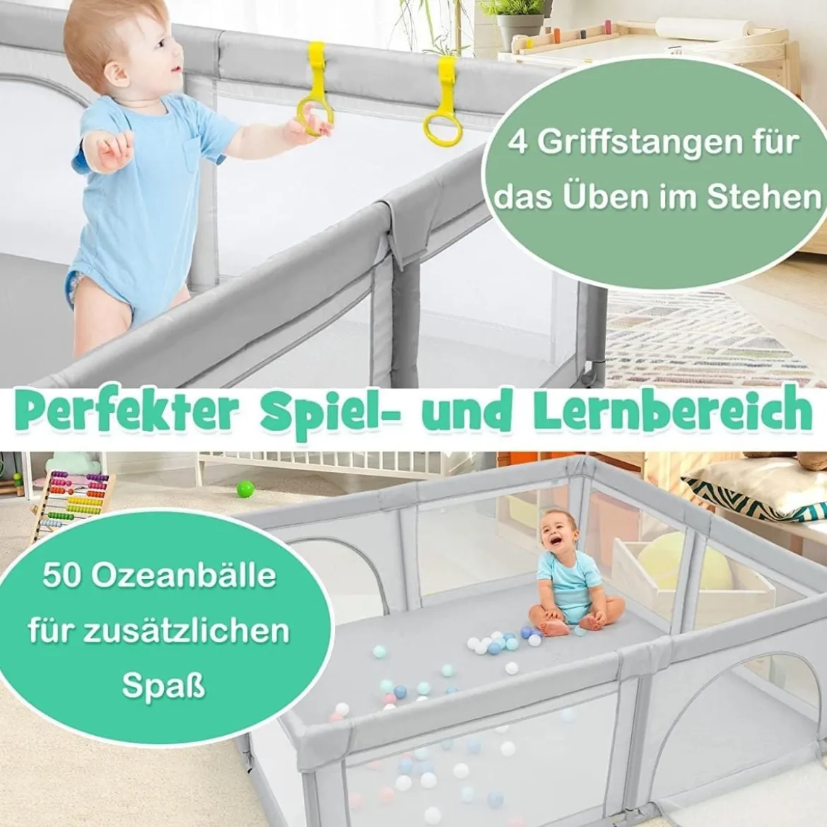 206 x 186cm Baby Laufstall mit Matratze Laufgitter mit 50 Spielbällen Helllgrau Laufstall +Panda Matratze