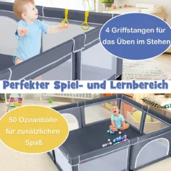 206 x 186cm Baby Laufstall mit Matratze Laufgitter mit 50 Spielbällen (Dunkelgrau Laufstall +Rosa Matratze)