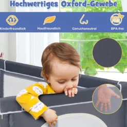 206 x 186cm Baby Laufstall mit Matratze Laufgitter mit 50 Spielbällen (Dunkelgrau Laufstall +Rosa Matratze)