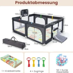 188 x 157cm Baby Laufstall mit Matratze & Basketballkorb & Fußballnetzen Laufgitter Dunkelgrau