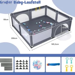 206 x 186cm Baby Laufstall mit Matratze Laufgitter mit 50 Spielbällen (Dunkelgrau Laufstall +Panda Matratze)