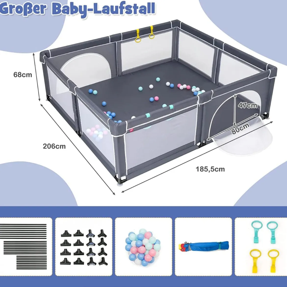 206 x 186cm Baby Laufstall mit Matratze Laufgitter mit 50 Spielbällen (Dunkelgrau Laufstall +Panda Matratze)