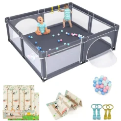 206 x 186cm Baby Laufstall mit Matratze Laufgitter mit 50 Spielbällen (Dunkelgrau Laufstall +Panda Matratze)