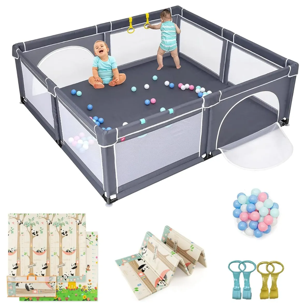 206 x 186cm Baby Laufstall mit Matratze Laufgitter mit 50 Spielbällen (Dunkelgrau Laufstall +Panda Matratze)