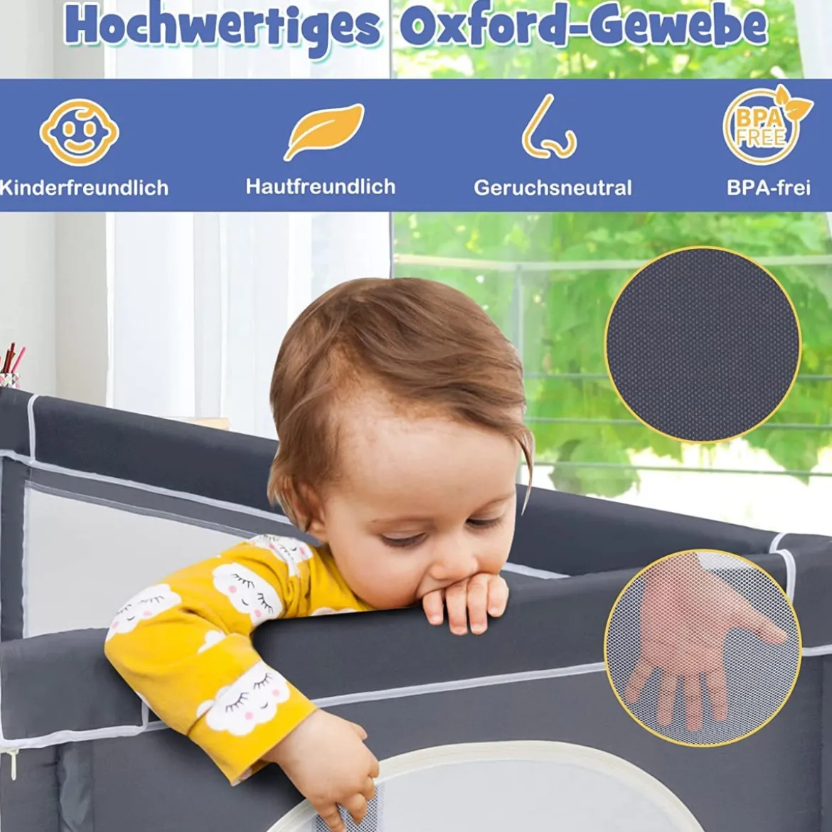 206 x 186cm Baby Laufstall mit Matratze Laufgitter mit 50 Spielbällen (Dunkelgrau Laufstall +Panda Matratze)