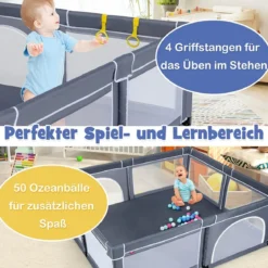 206 x 186cm Baby Laufstall mit Matratze Laufgitter mit 50 Spielbällen (Dunkelgrau Laufstall +Panda Matratze)