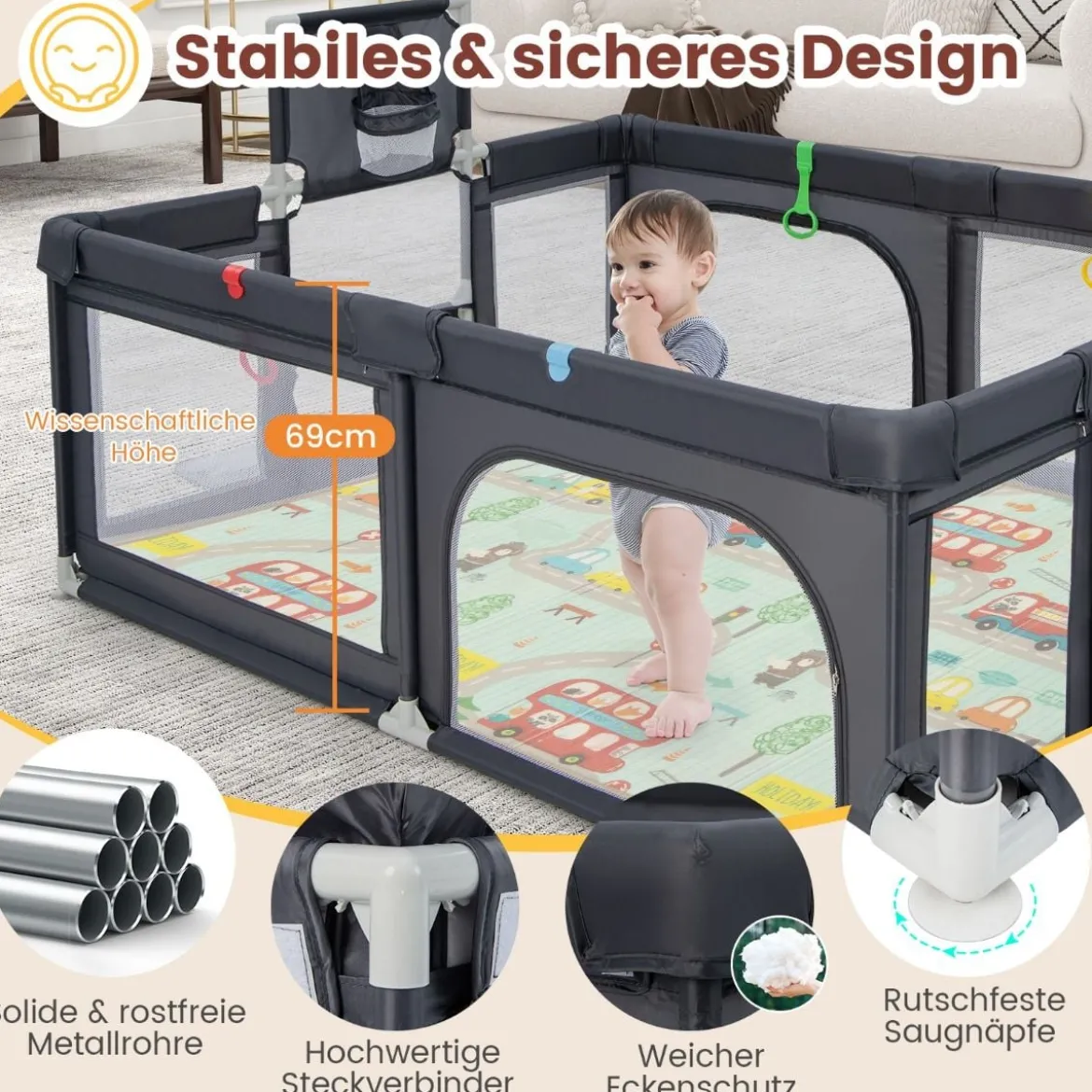 188 x 157 cm Baby Laufstall mit Matratze & Basketballkorb & Fußballnetzen & 50 Bällen Dunkelgrau