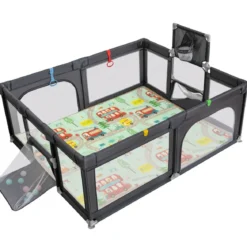188 x 157 cm Baby Laufstall mit Matratze & Basketballkorb & Fußballnetzen & 50 Bällen Dunkelgrau