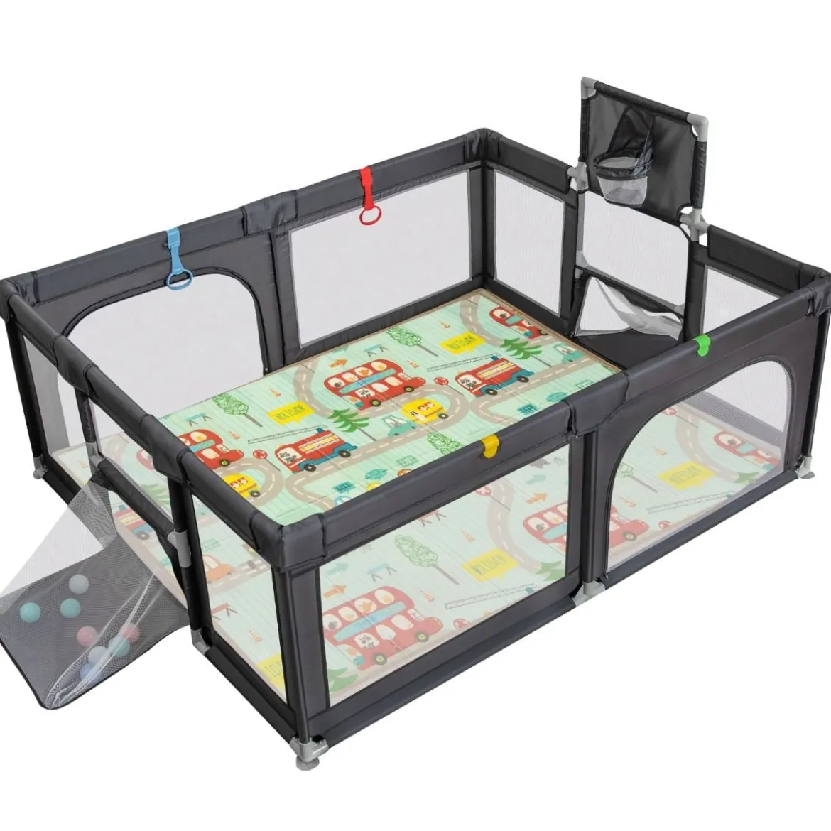 188 x 157 cm Baby Laufstall mit Matratze & Basketballkorb & Fußballnetzen & 50 Bällen Dunkelgrau