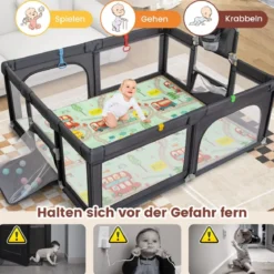 188 x 157 cm Baby Laufstall mit Matratze & Basketballkorb & Fußballnetzen & 50 Bällen Dunkelgrau