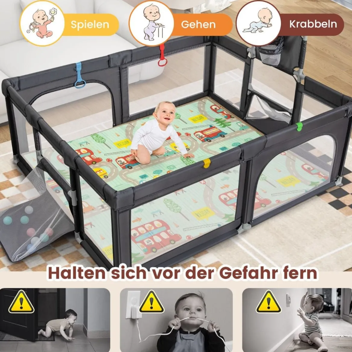 188 x 157 cm Baby Laufstall mit Matratze & Basketballkorb & Fußballnetzen & 50 Bällen Dunkelgrau