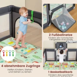 188 x 157 cm Baby Laufstall mit Matratze & Basketballkorb & Fußballnetzen & 50 Bällen Dunkelgrau