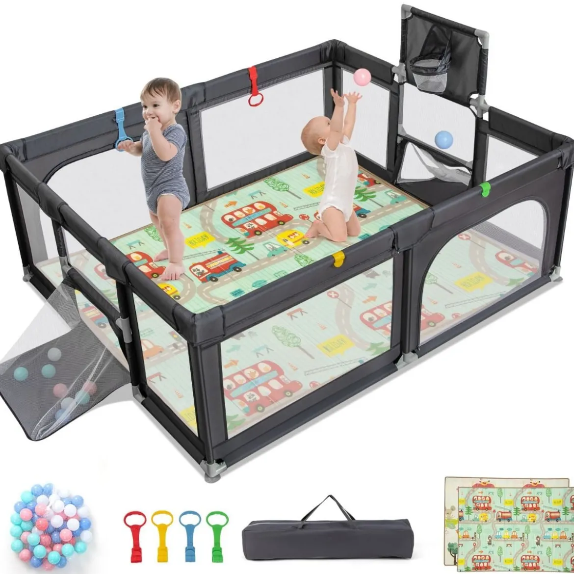 188 x 157 cm Baby Laufstall mit Matratze & Basketballkorb & Fußballnetzen & 50 Bällen Dunkelgrau