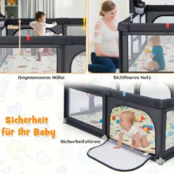 207 x 145 cm Baby Laufstall mit Matratze & Basketballkorb Krabbelgitter mit atmungsaktivem Netz Dunkelgrau