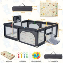 207 x 145 cm Baby Laufstall mit Matratze & Basketballkorb Krabbelgitter mit atmungsaktivem Netz Dunkelgrau