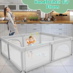 206 x 186cm Baby Laufstall mit Matratze Laufgitter mit 50 Spielbällen (Grau Laufstall + Grün Matratze)