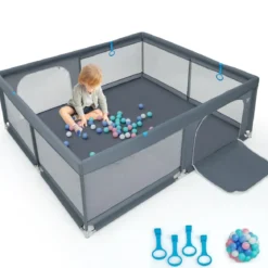 200 x 180 cm Baby Laufstall mit 50 Ozeanbällen & 4 Griffen & Tür Laufgitter Krabbelgitter Grau